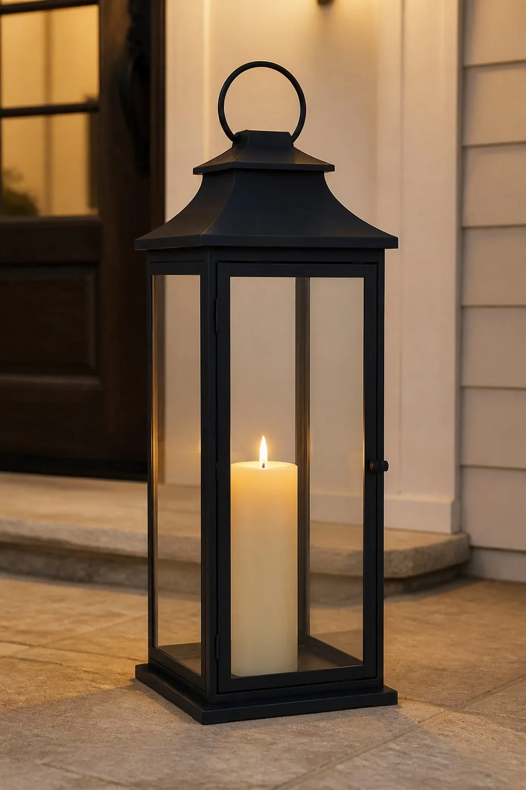 Black metal outdoor hurricane lantern on a fall front porch