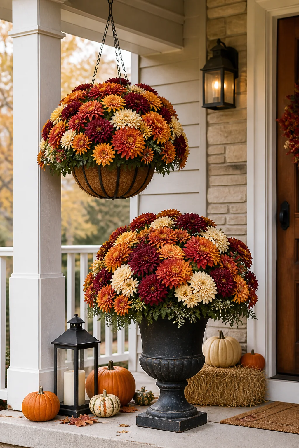 Faux fall mum hanging basket and matching outdoor urn arrangement