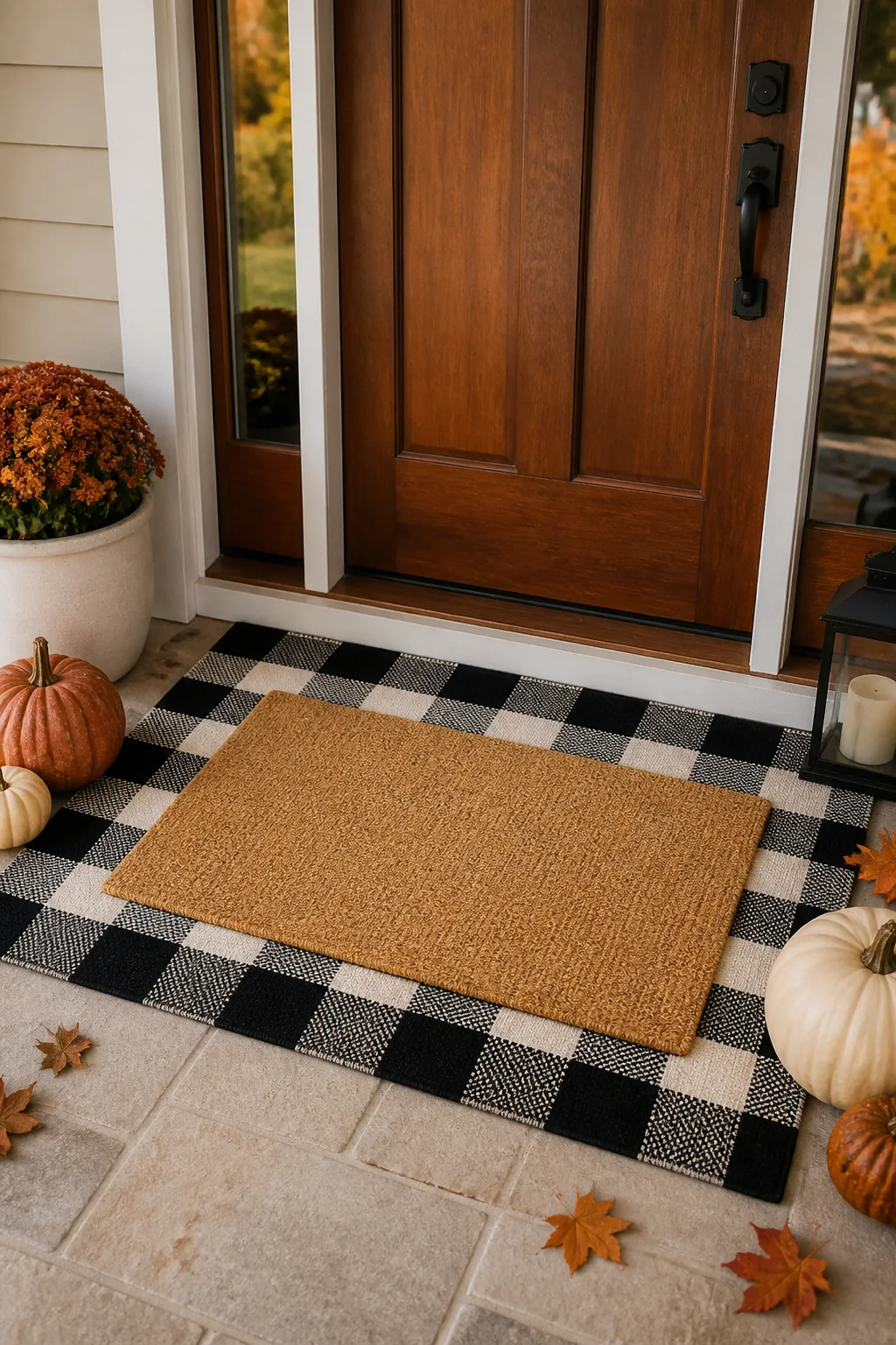 Layered fall coir doormat and black check outdoor rug on a front porch