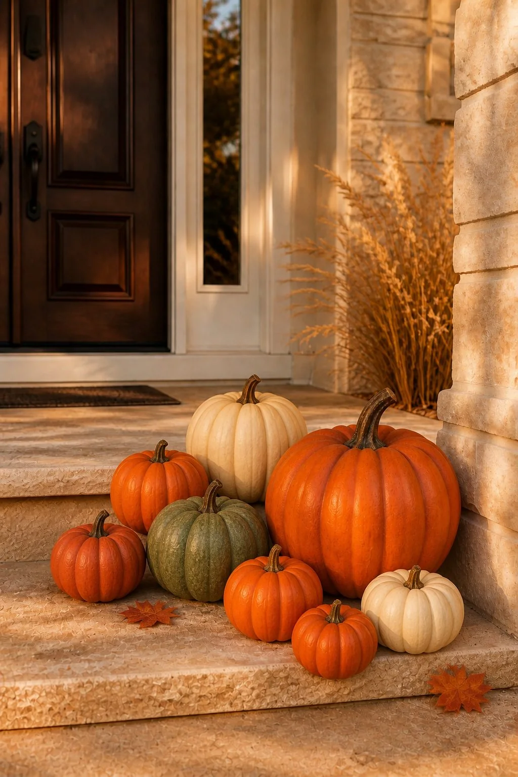 Neutral artificial pumpkins arranged for fall porch decor