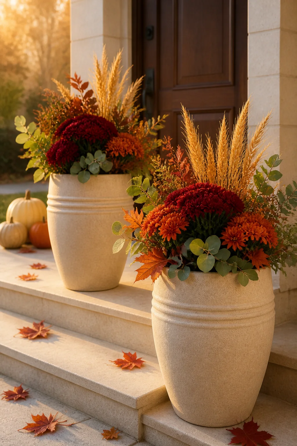 Oversized beige planters styled for a fall porch