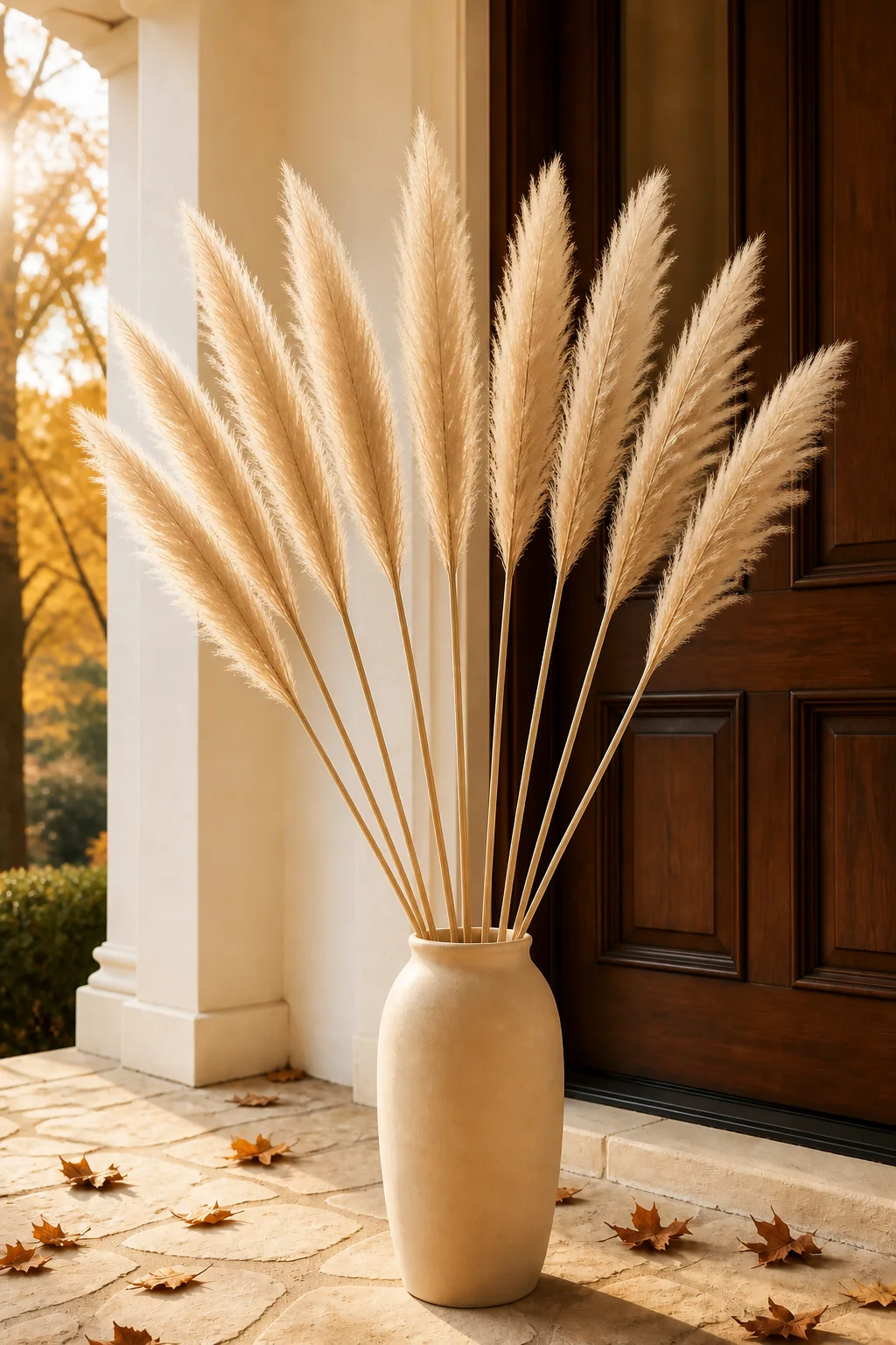 Natural pampas grass stems styled in a tall fall porch vase