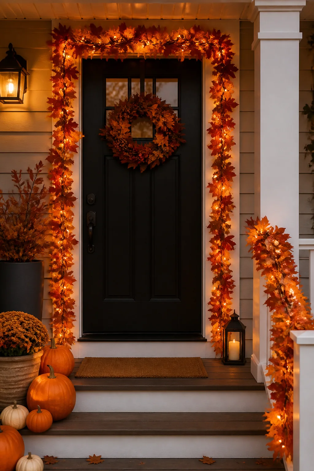 Pre-lit autumn maple leaf garland framing a front door