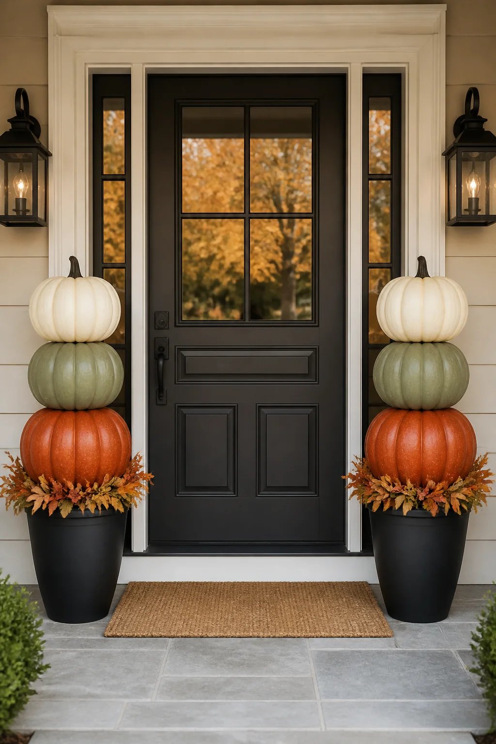 Pair of stacked faux pumpkin topiaries in black porch planters