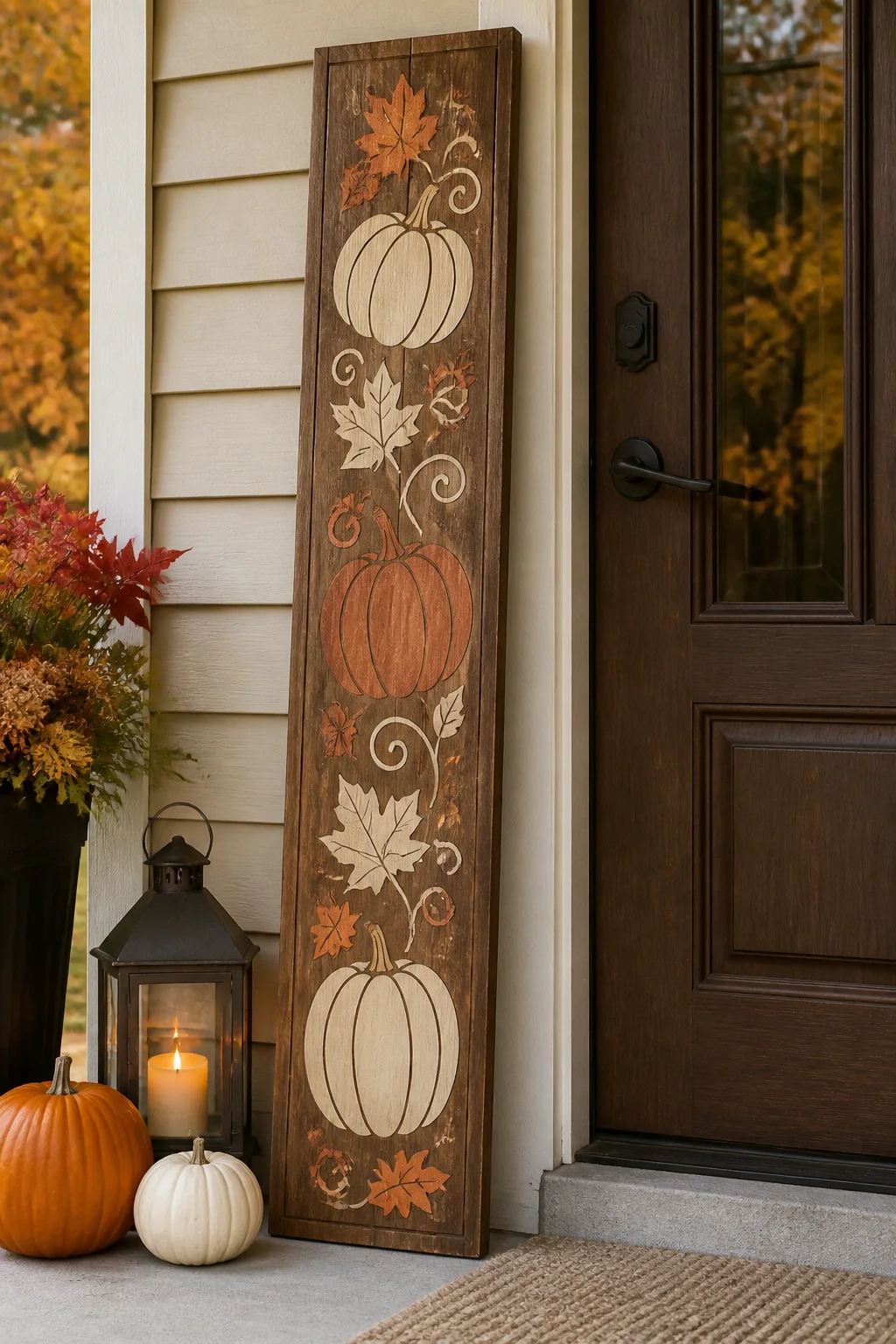 Tall rustic reversible-style fall porch leaner with pumpkin and leaf motifs