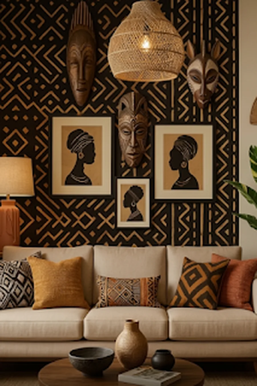 African mudcloth pillows in an earthy living room