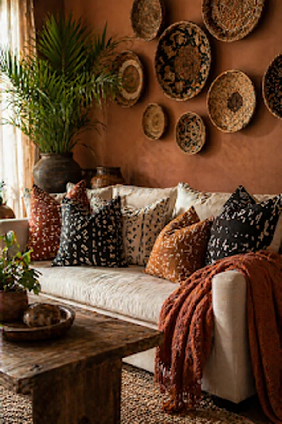 Terracotta throw blanket in an Afrobohemian living room