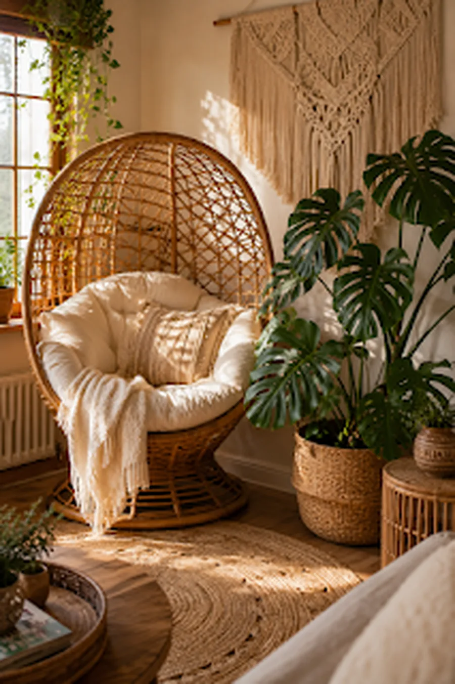 Statement rattan egg chair in an Afrobohemian living room