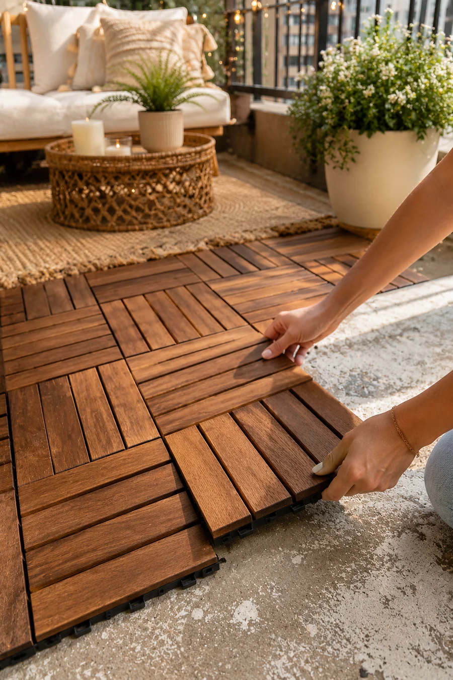 Renter-friendly acacia wood deck tiles transforming an apartment balcony