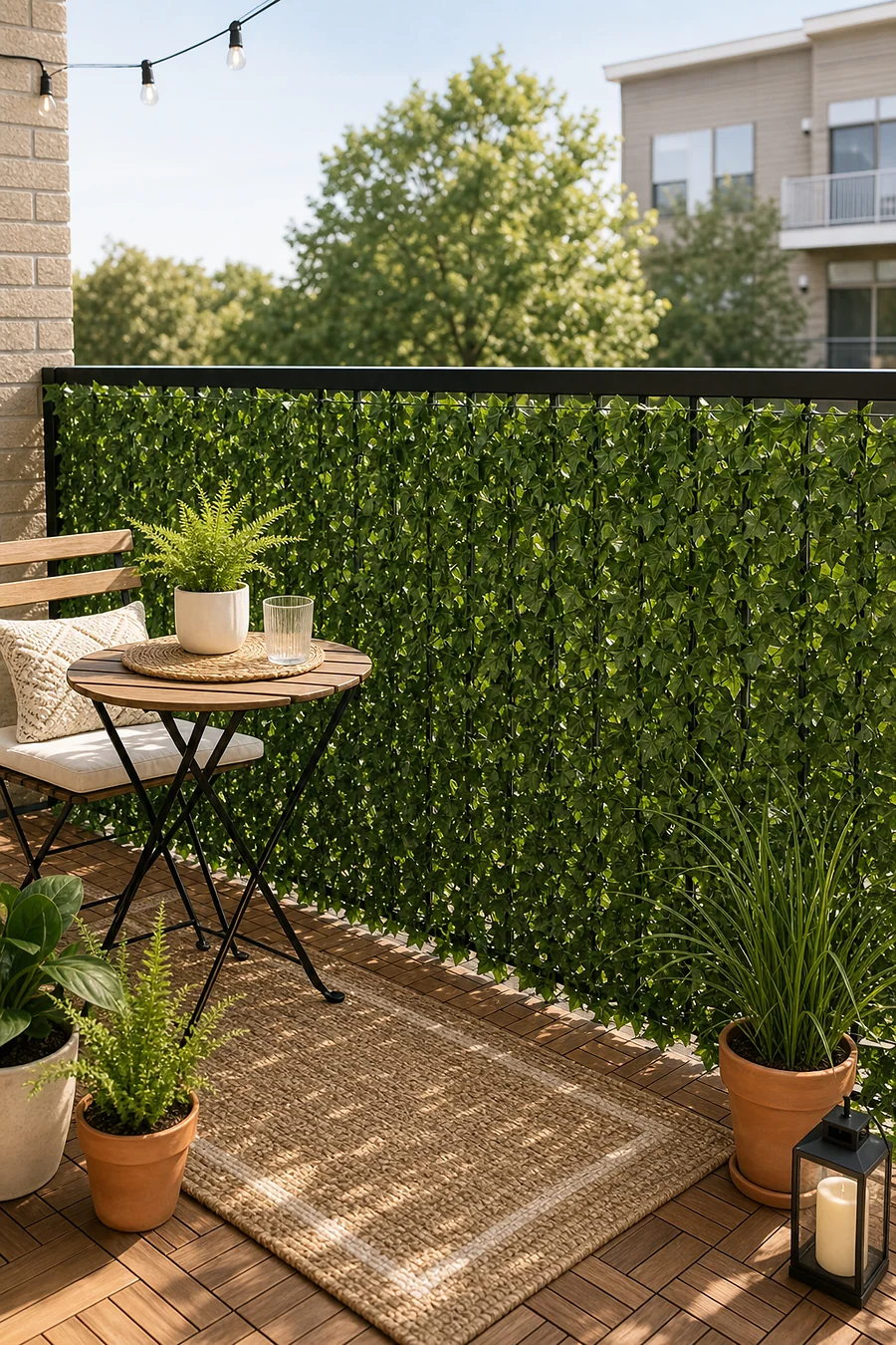 Faux ivy privacy screen covering an apartment balcony railing