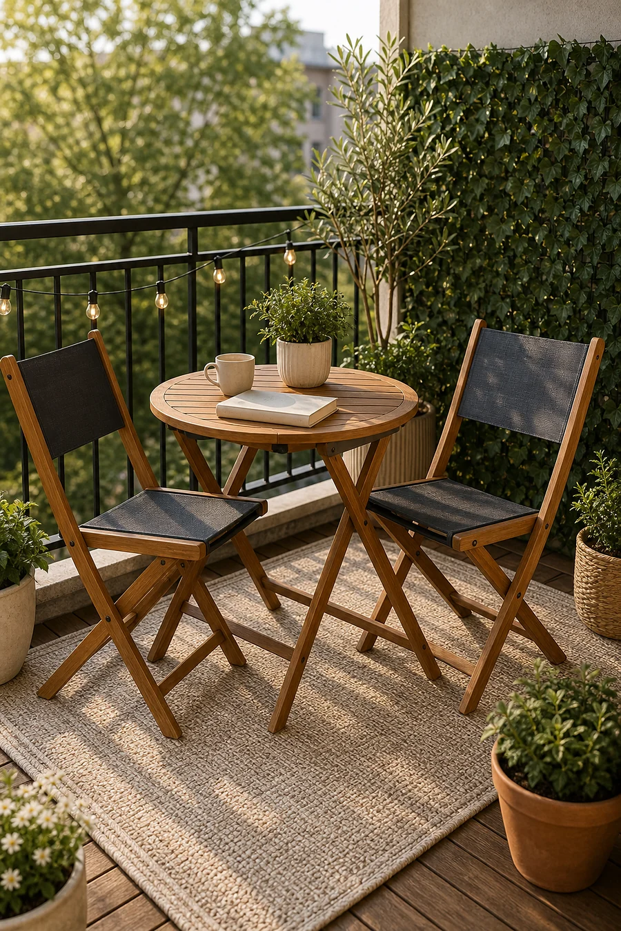 Compact folding bistro set styled on a small apartment balcony