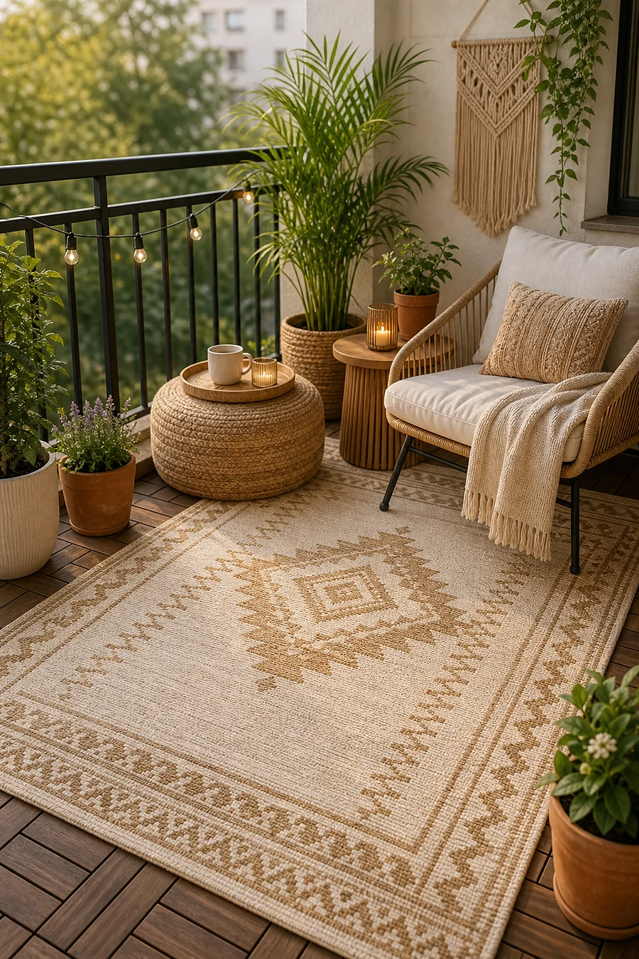 Neutral boho outdoor rug in a cozy apartment balcony corner
