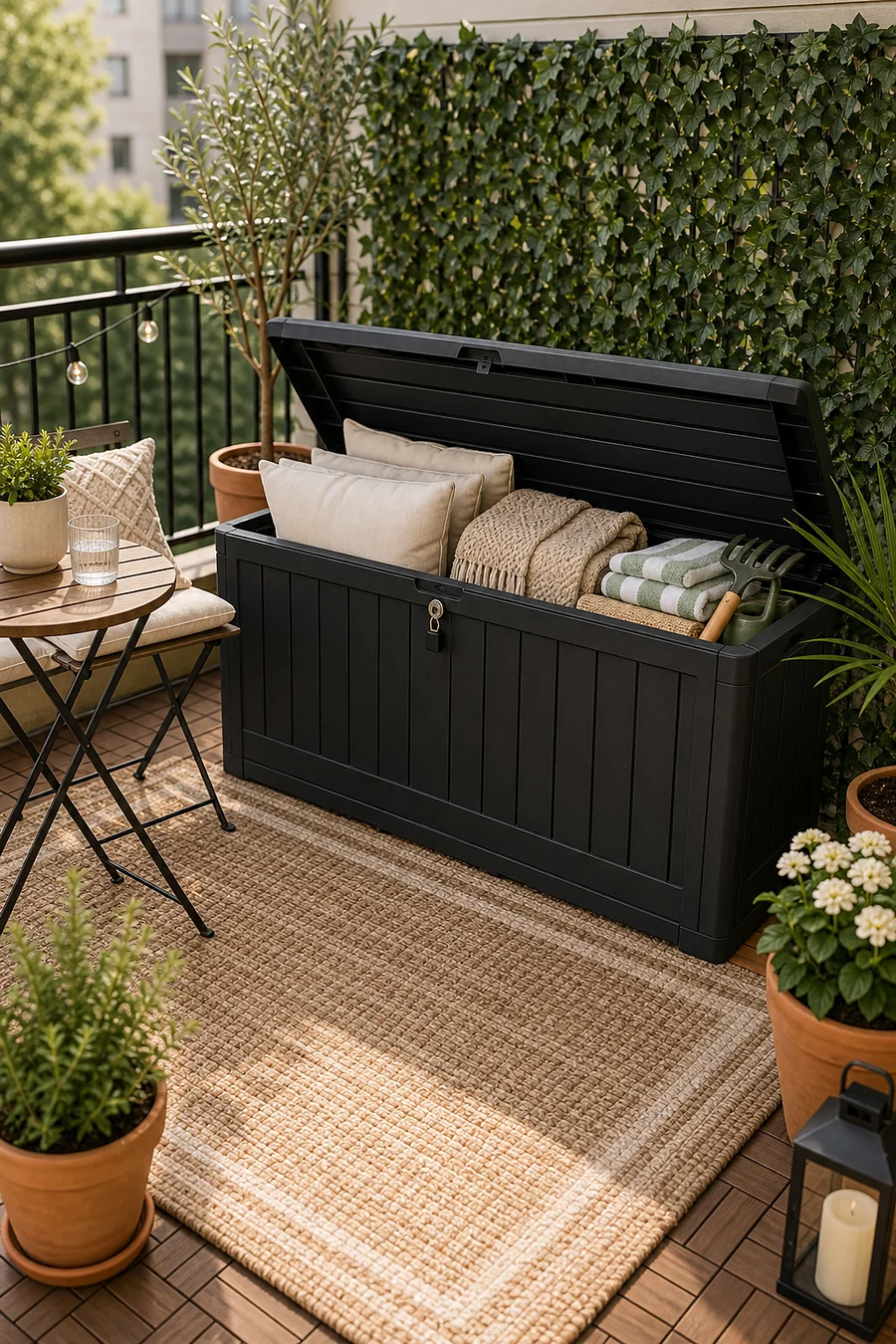 Outdoor storage bench organizing cushions and accessories on a balcony