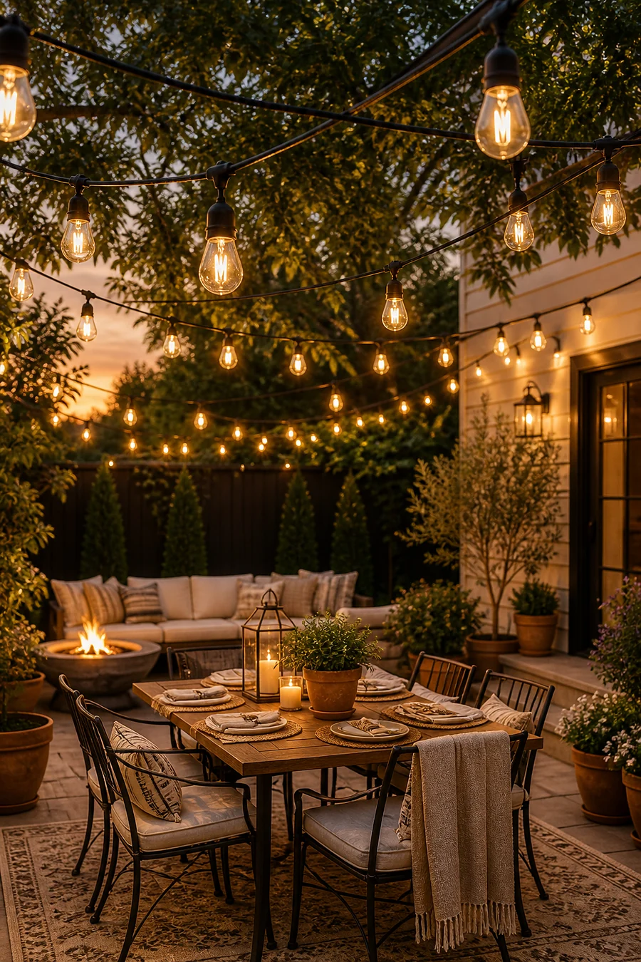 Warm outdoor string lights creating a cozy balcony atmosphere