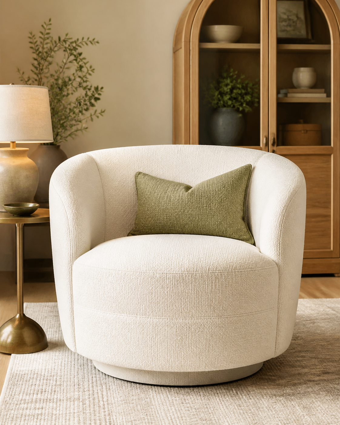 Cozy accent chair beside a living room cabinet