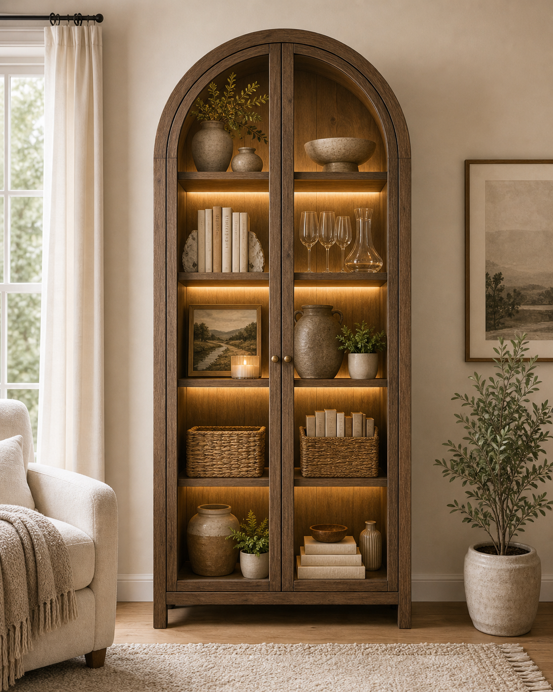 Arched glass cabinet with warm LED lighting in a living room