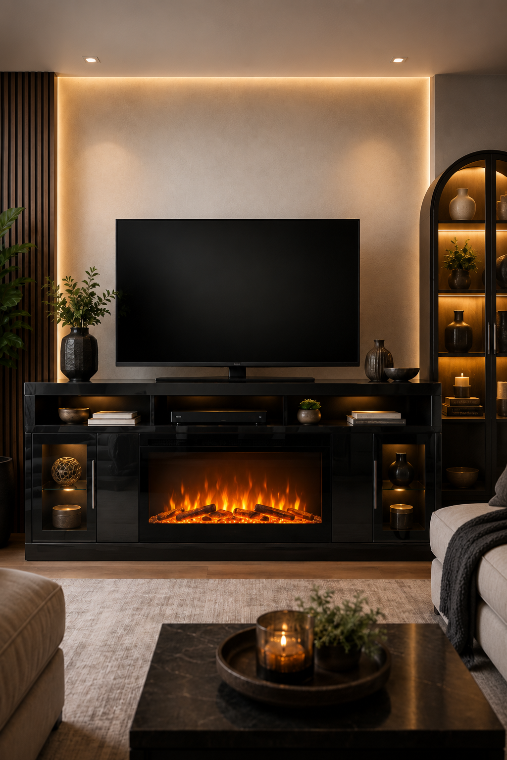 Fireplace TV stand in a cozy living room