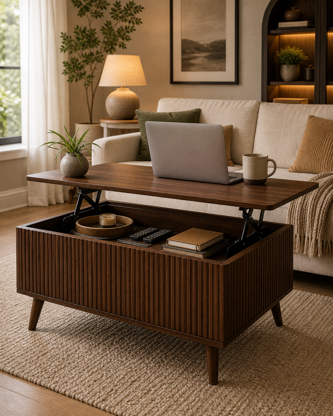 Walnut lift-top coffee table with hidden storage