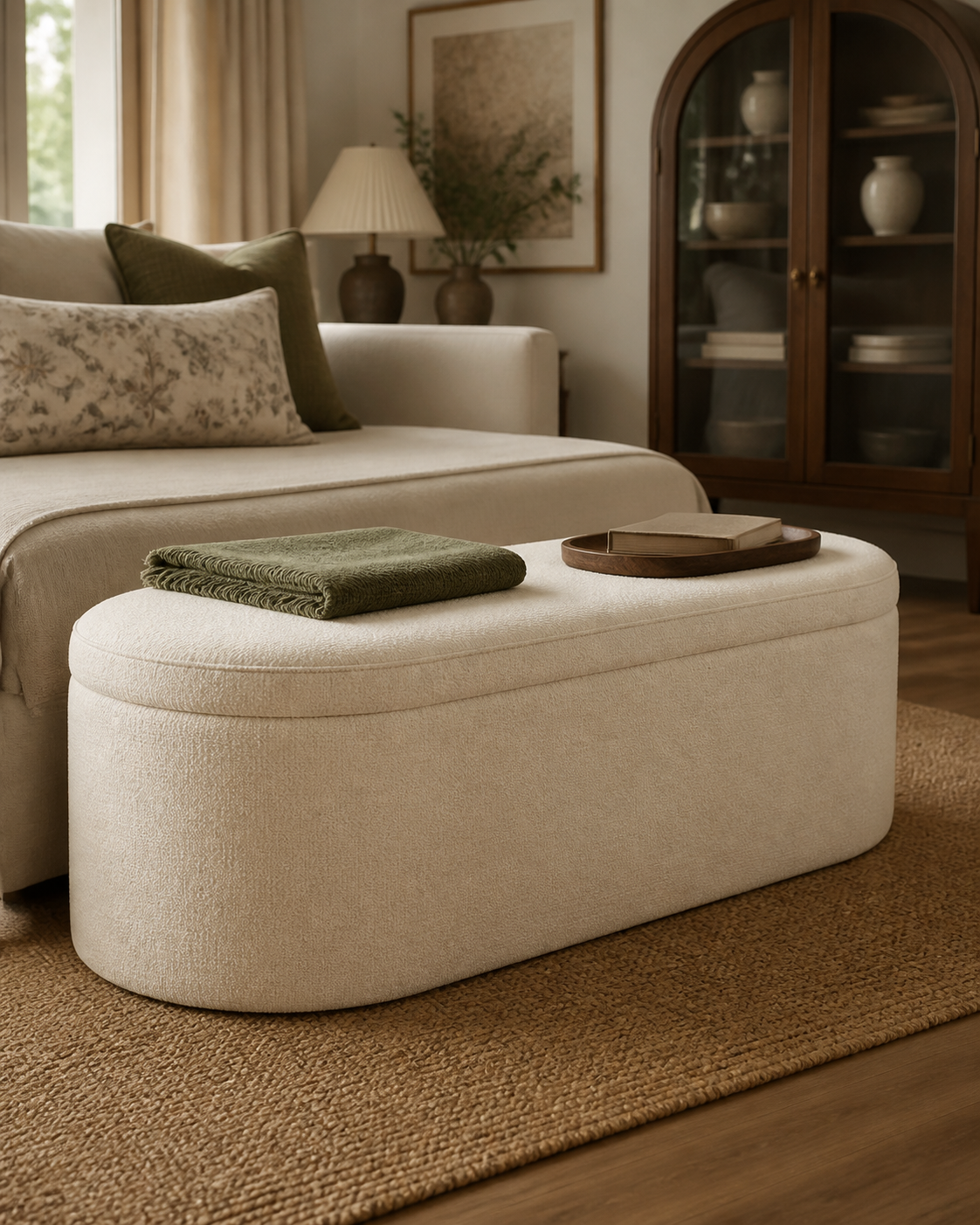 Ivory upholstered storage ottoman in a warm living room