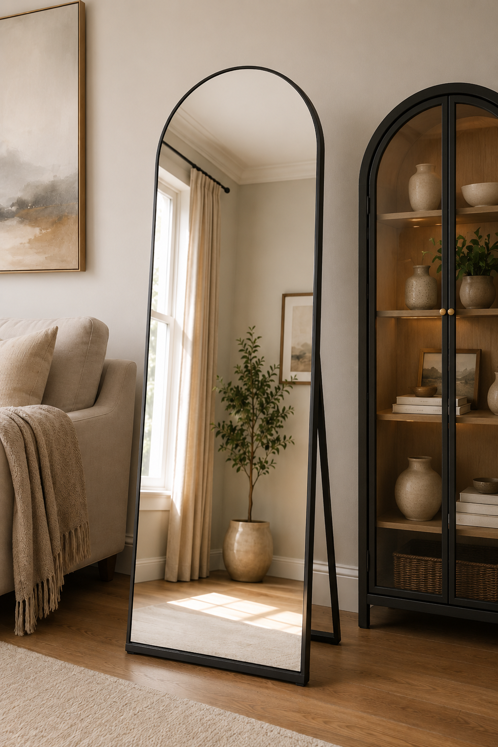 Large decorative wall mirror brightening a living room