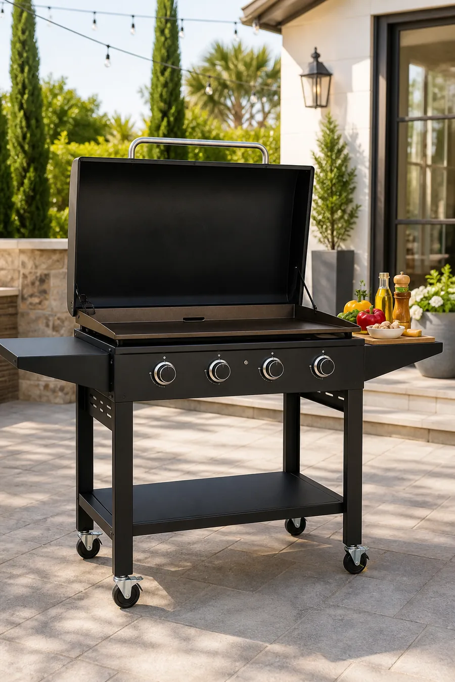 Large black 36-inch outdoor flat-top griddle with hood and side shelves