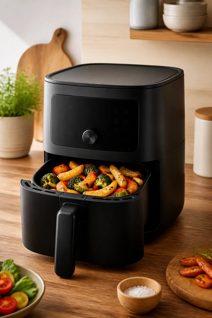 Modern black countertop air fryer with roasted vegetables