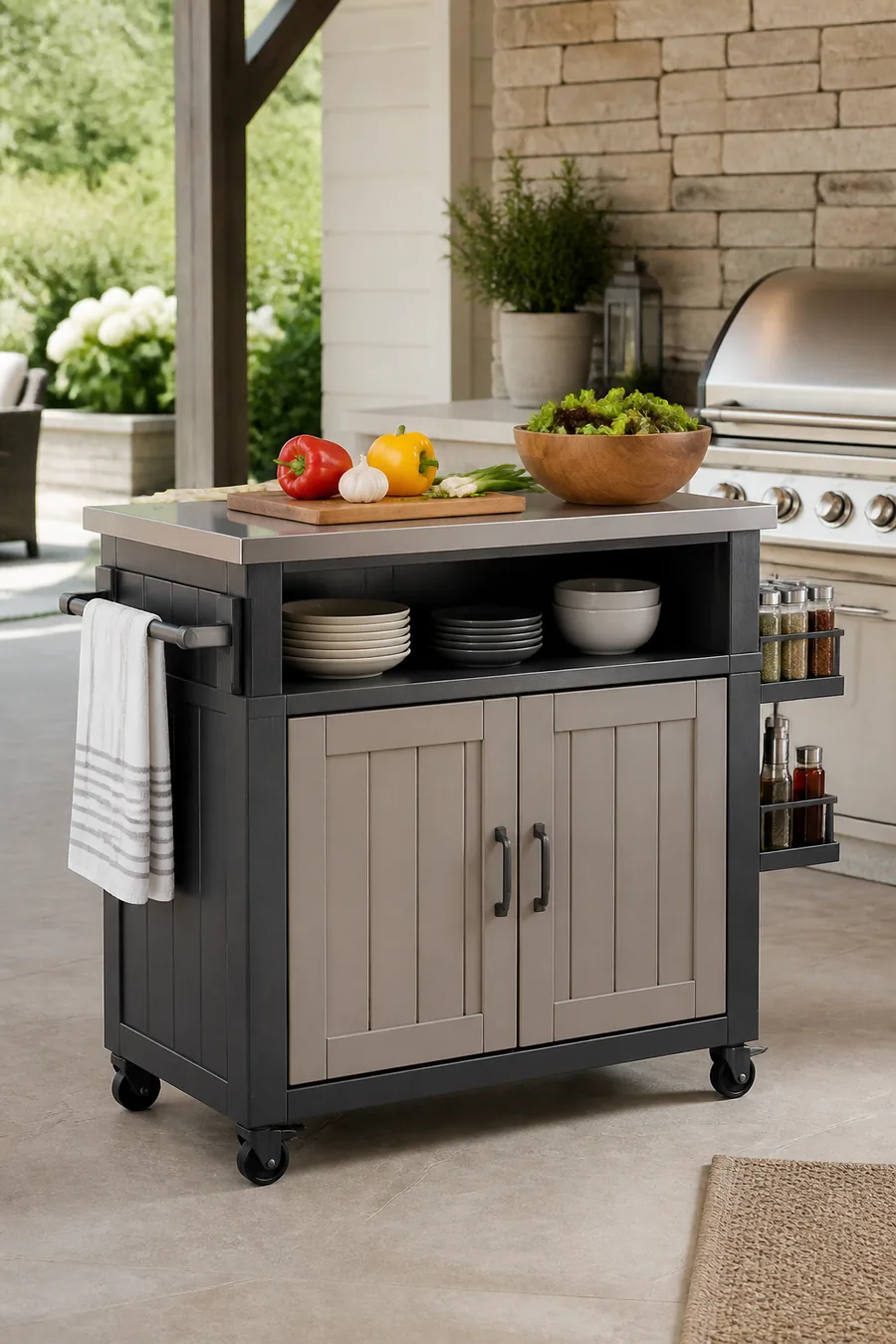Large outdoor prep and storage cabinet with stainless top and shelves