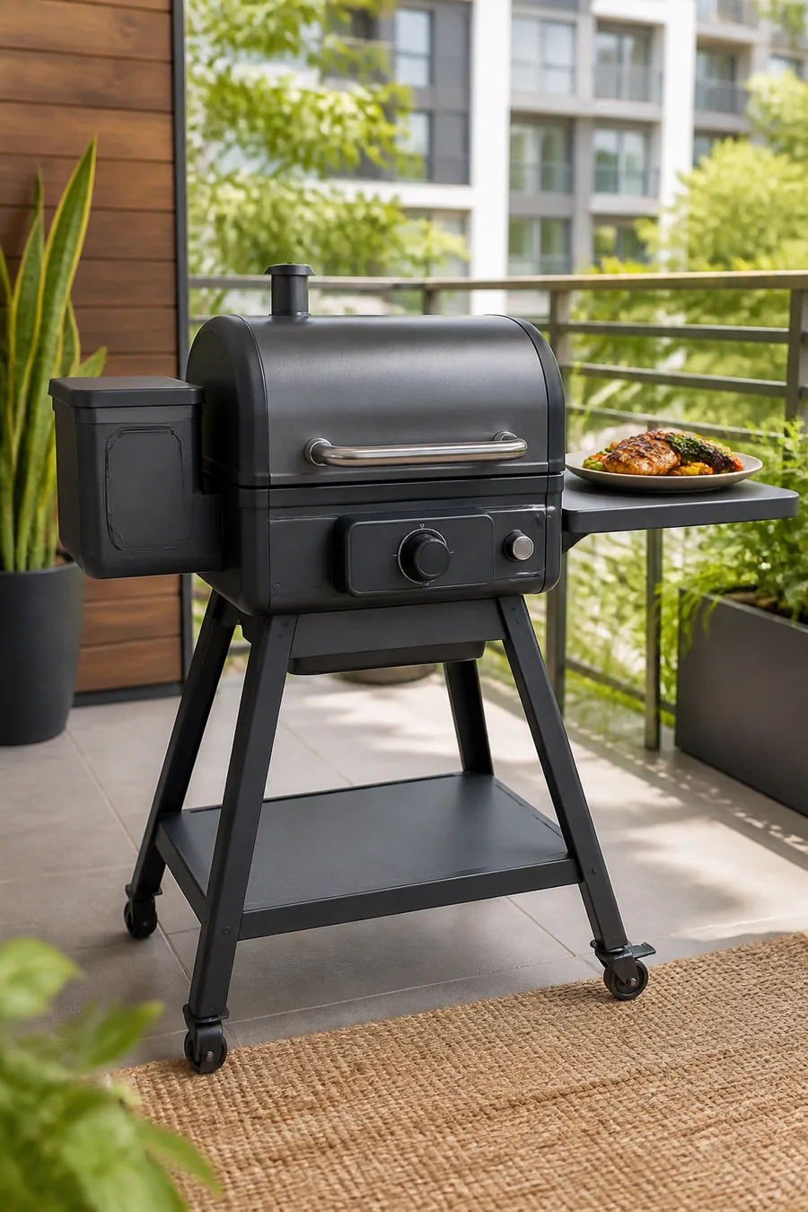 Compact outdoor woodfire grill and smoker on a patio stand