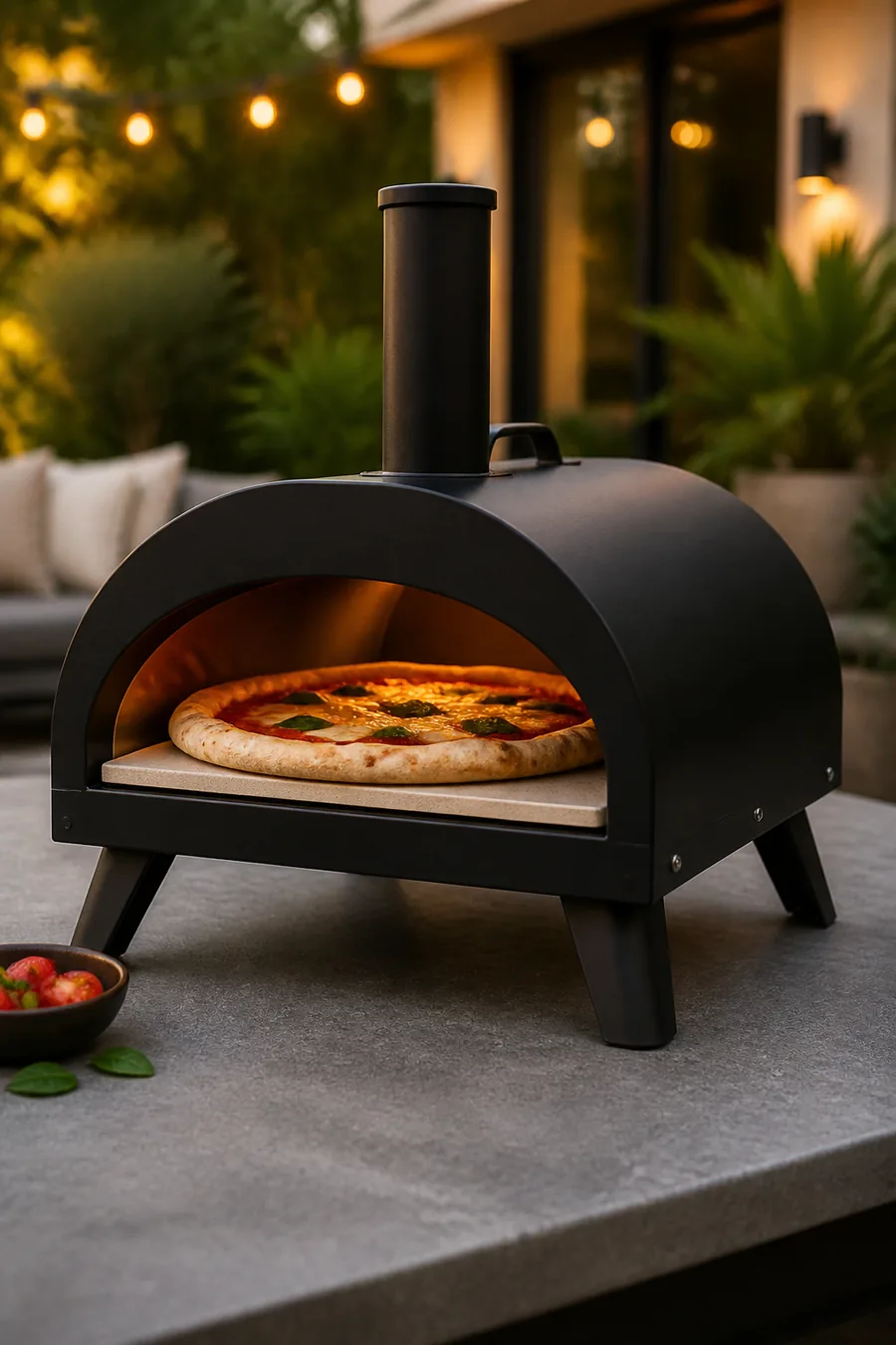 Compact portable outdoor pizza oven with a pizza cooking inside