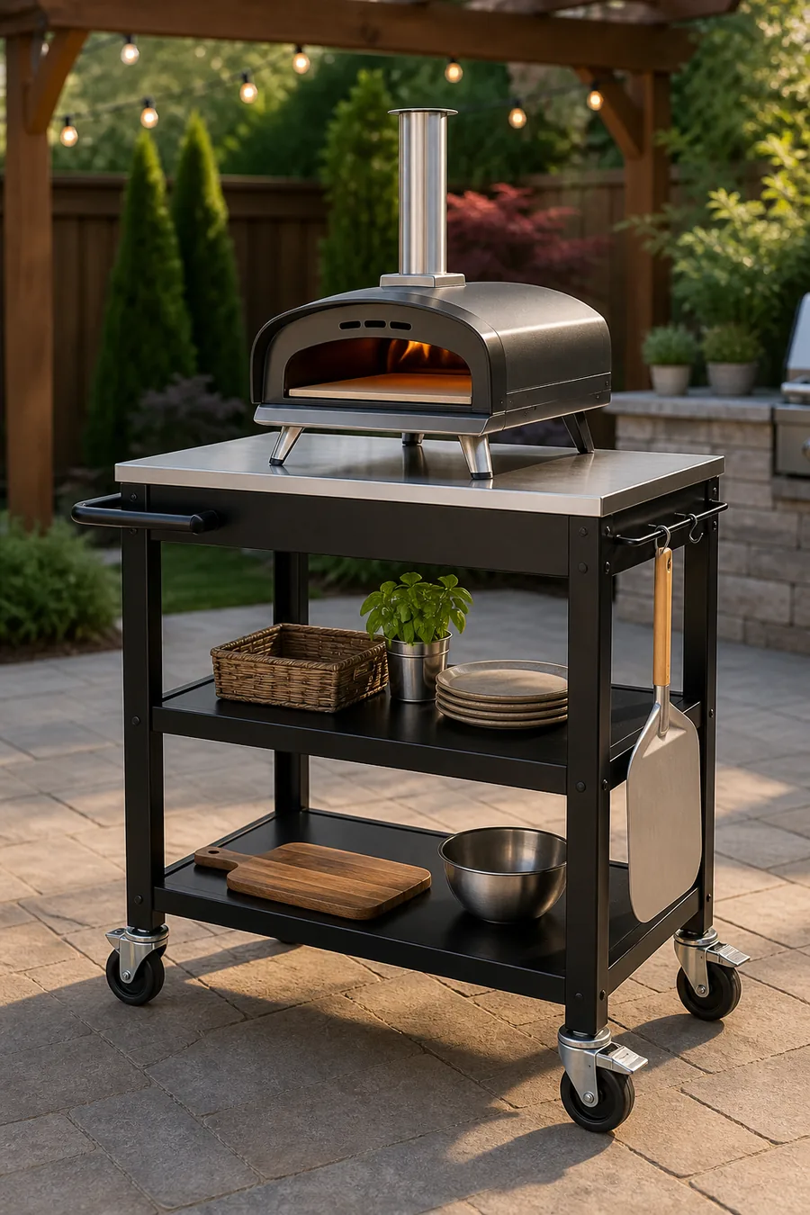 Rolling outdoor pizza oven table and grill cart with shelves and hooks