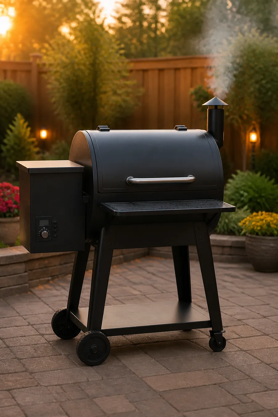Black barrel-style pellet grill and smoker with chimney and side hopper