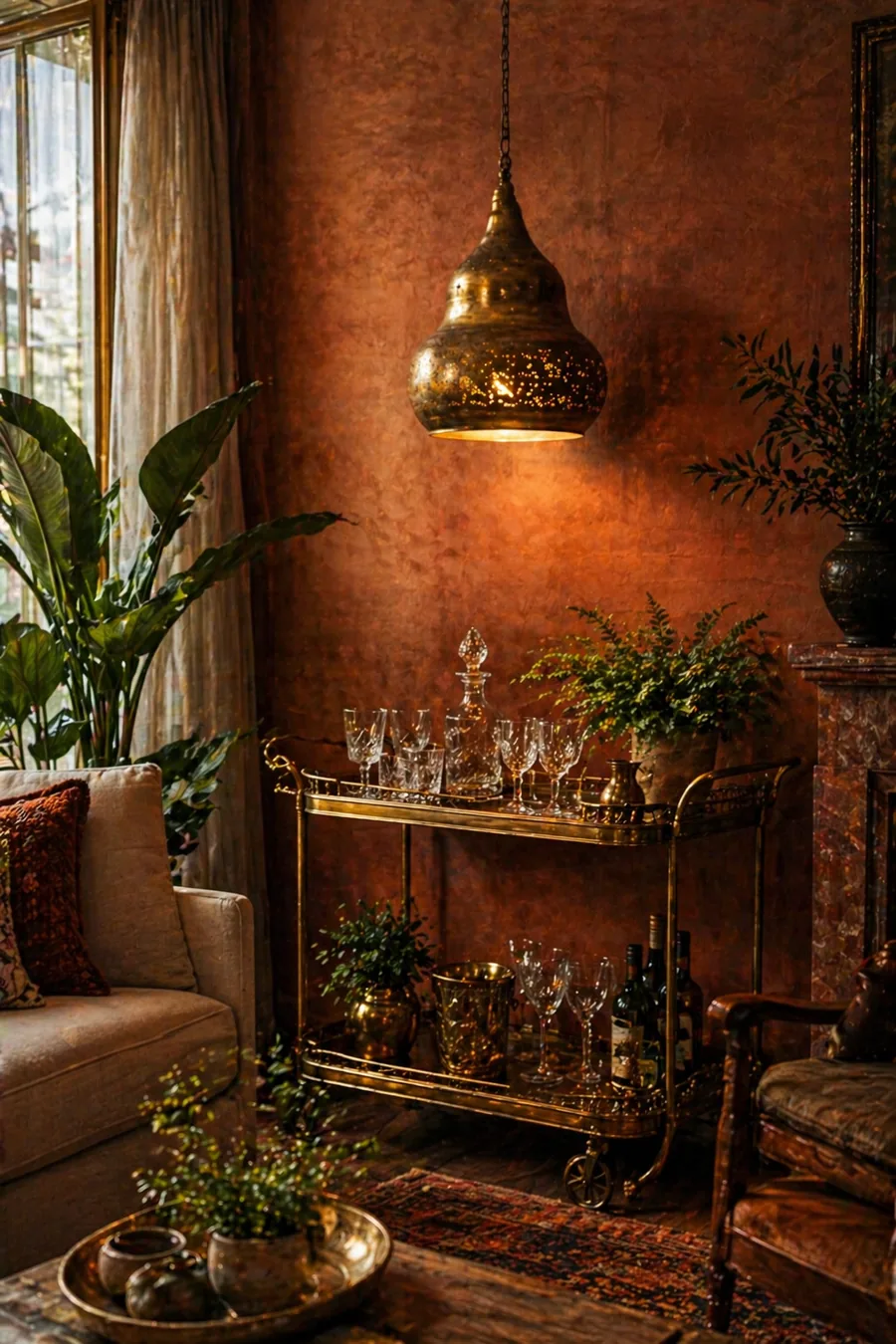 Vintage-inspired brass bar cart styled in a cozy blank corner