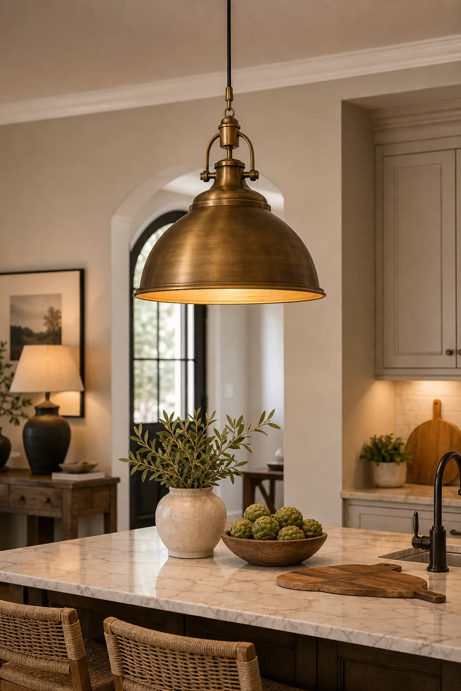 Warm brass pendant lamp over a styled corner