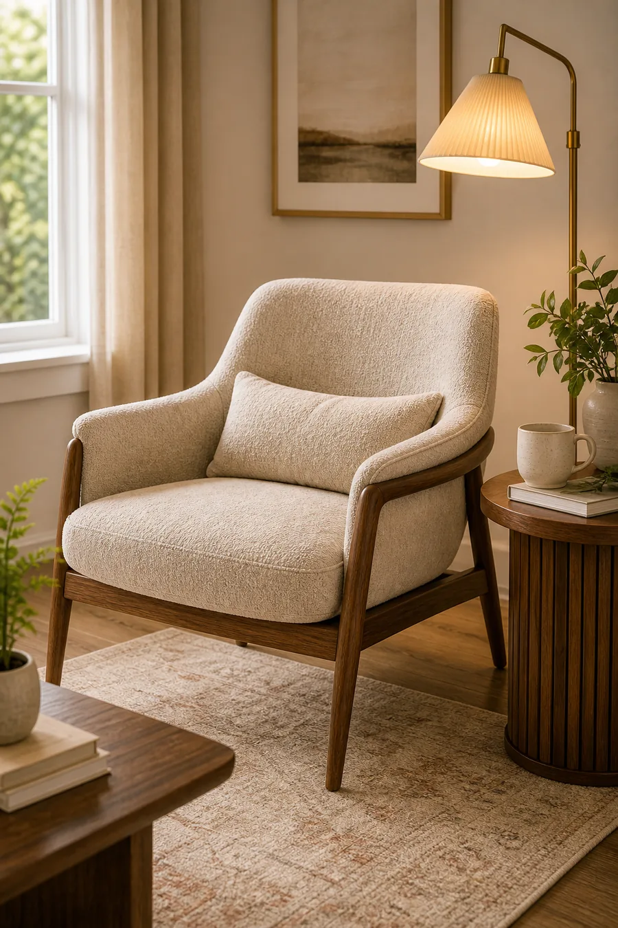 Neutral upholstered accent chair in a reading corner