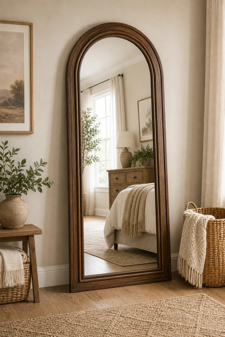Arched wall mirror brightening a blank corner
