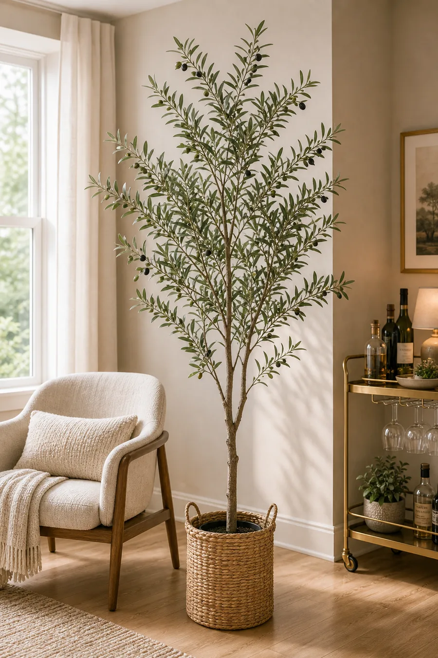 Tall faux olive tree in a woven corner basket
