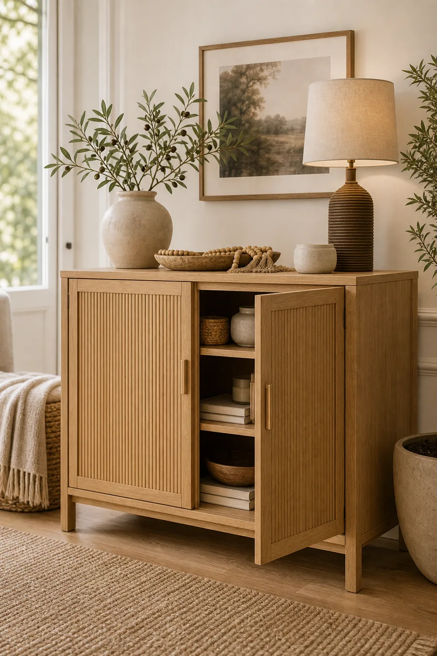 Small fluted accent cabinet with hidden storage
