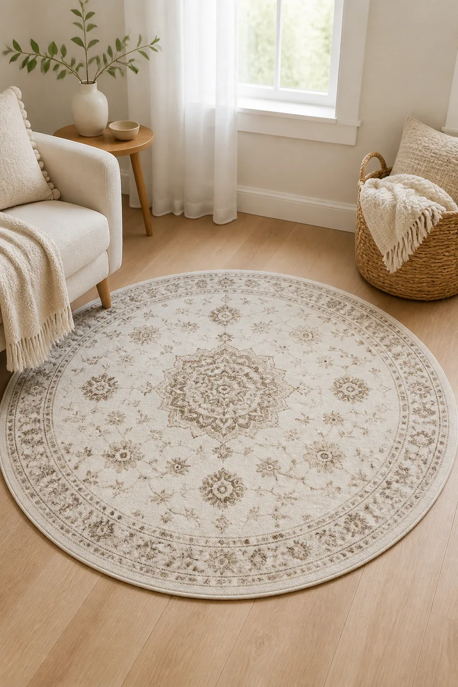 Cream and beige round boho floral rug in a calm cozy corner