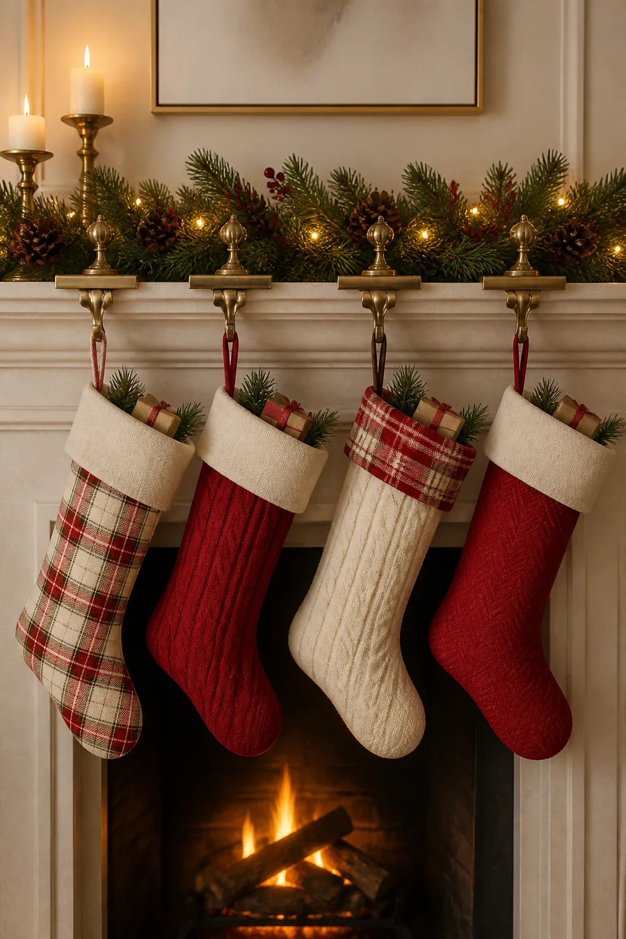 Coordinated Christmas stockings hanging from mantel holders