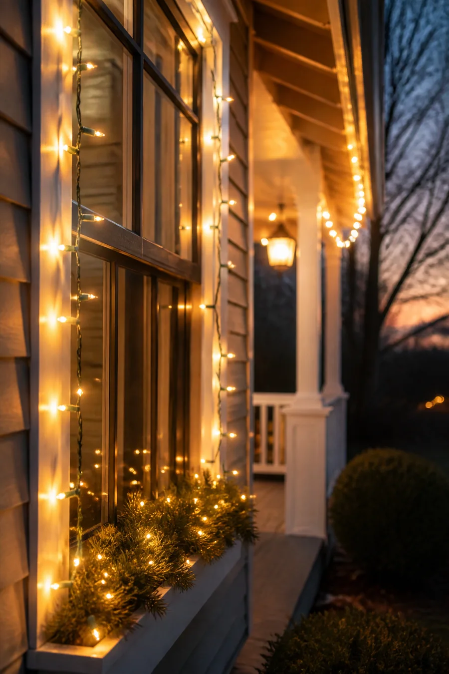 Warm LED Christmas string lights decorating a front porch