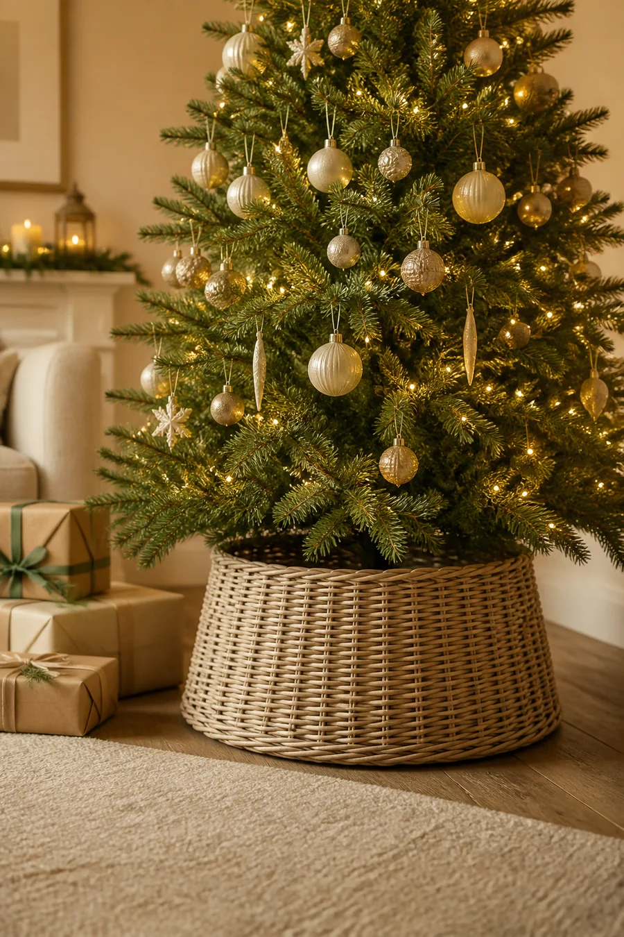 Woven Christmas tree collar hiding the tree stand and cords