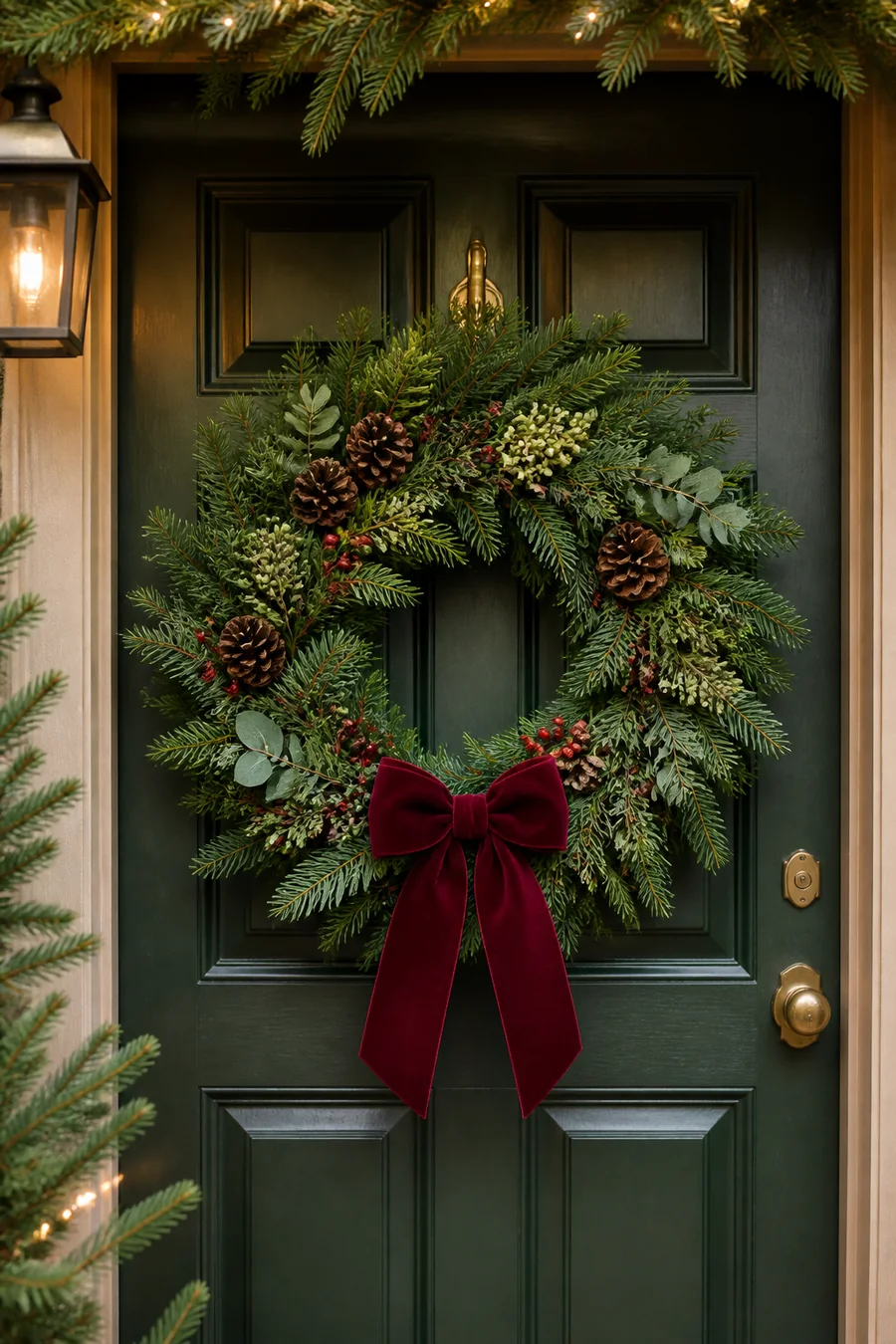 Evergreen Christmas wreath with a velvet bow on a front door