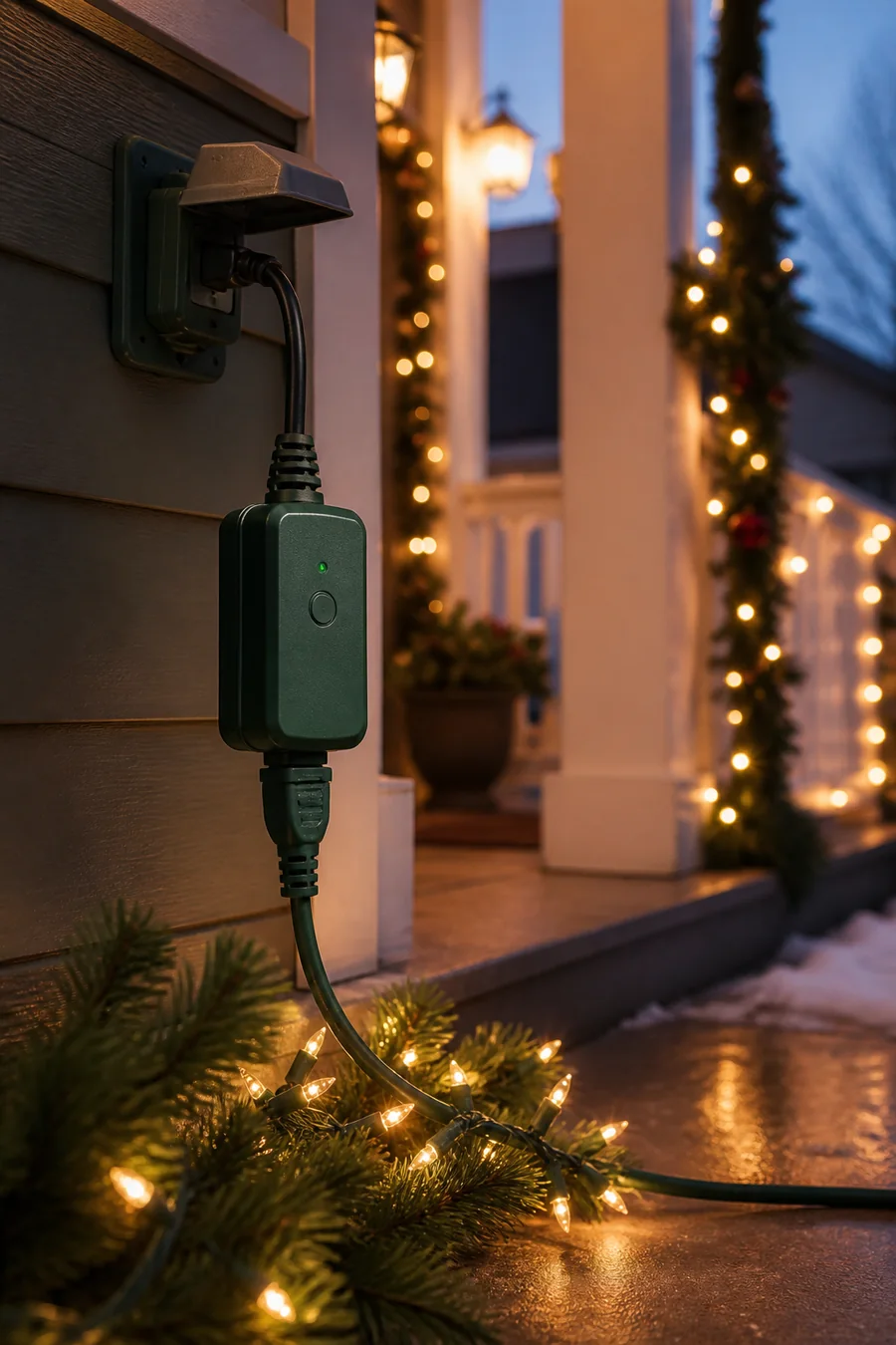 Outdoor Christmas light timer smart plug on a decorated porch