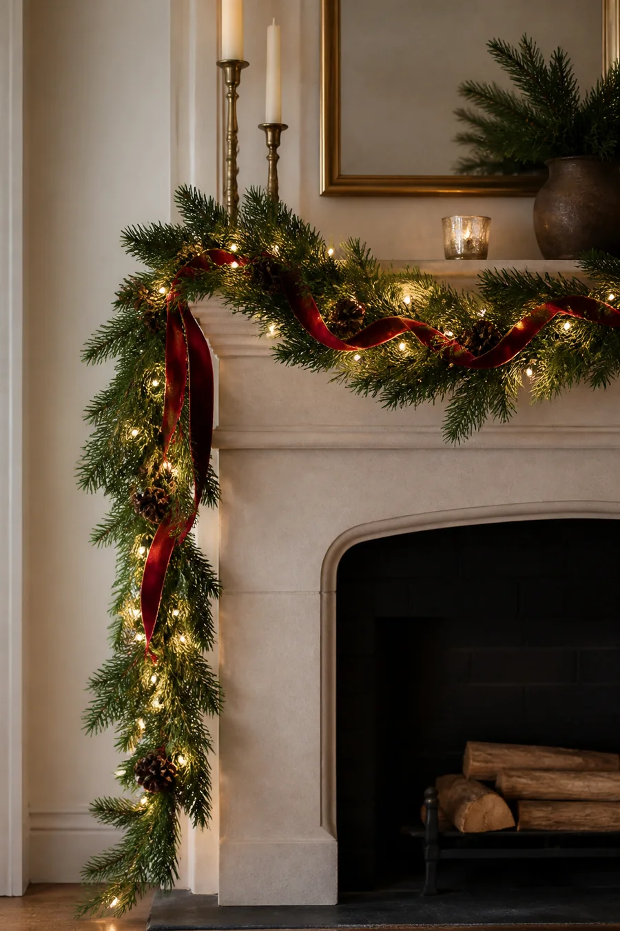 Pre-lit Christmas garland with red ribbon on a fireplace mantel