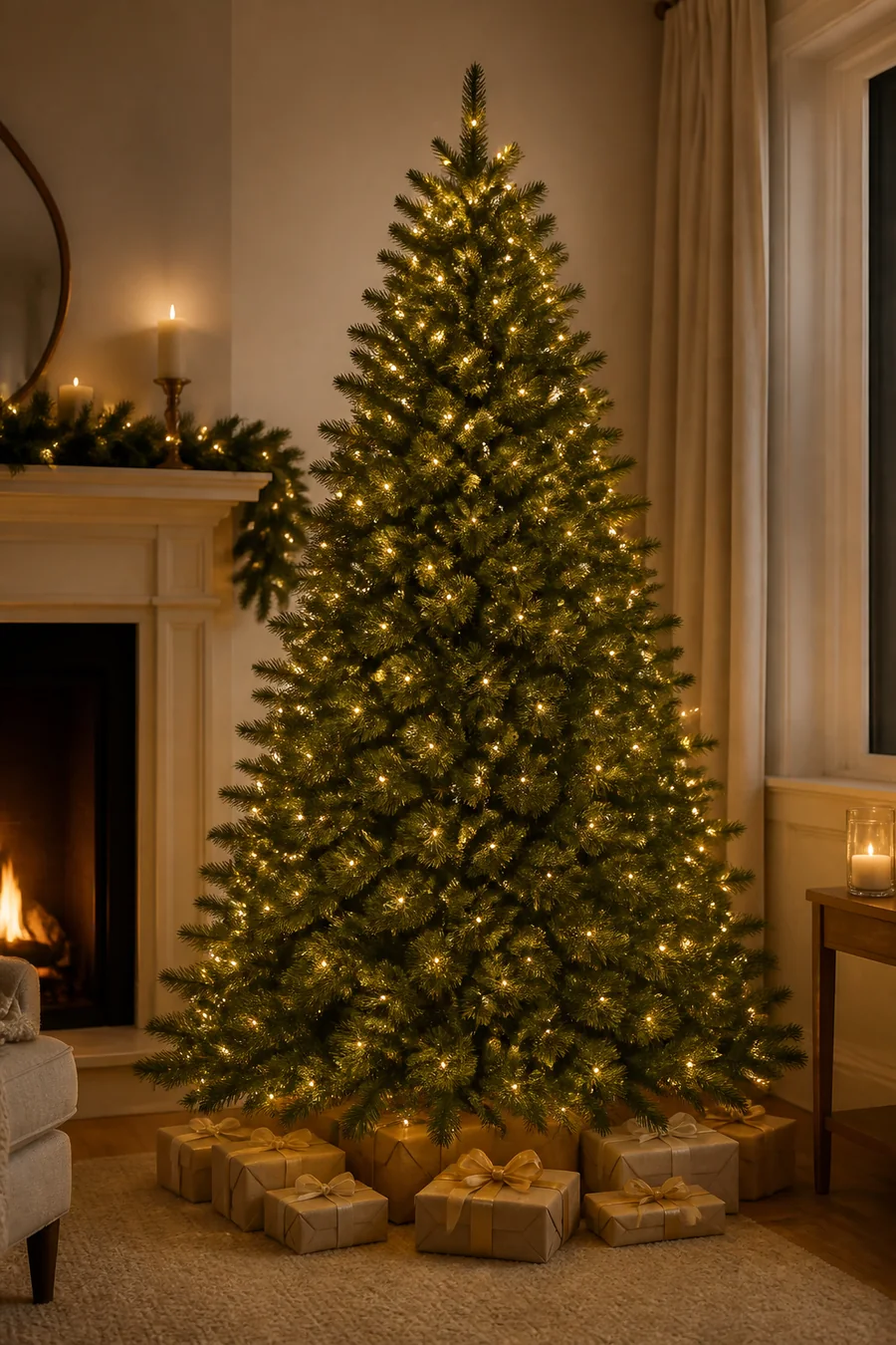 Pre-lit artificial Christmas tree glowing in a cozy living room
