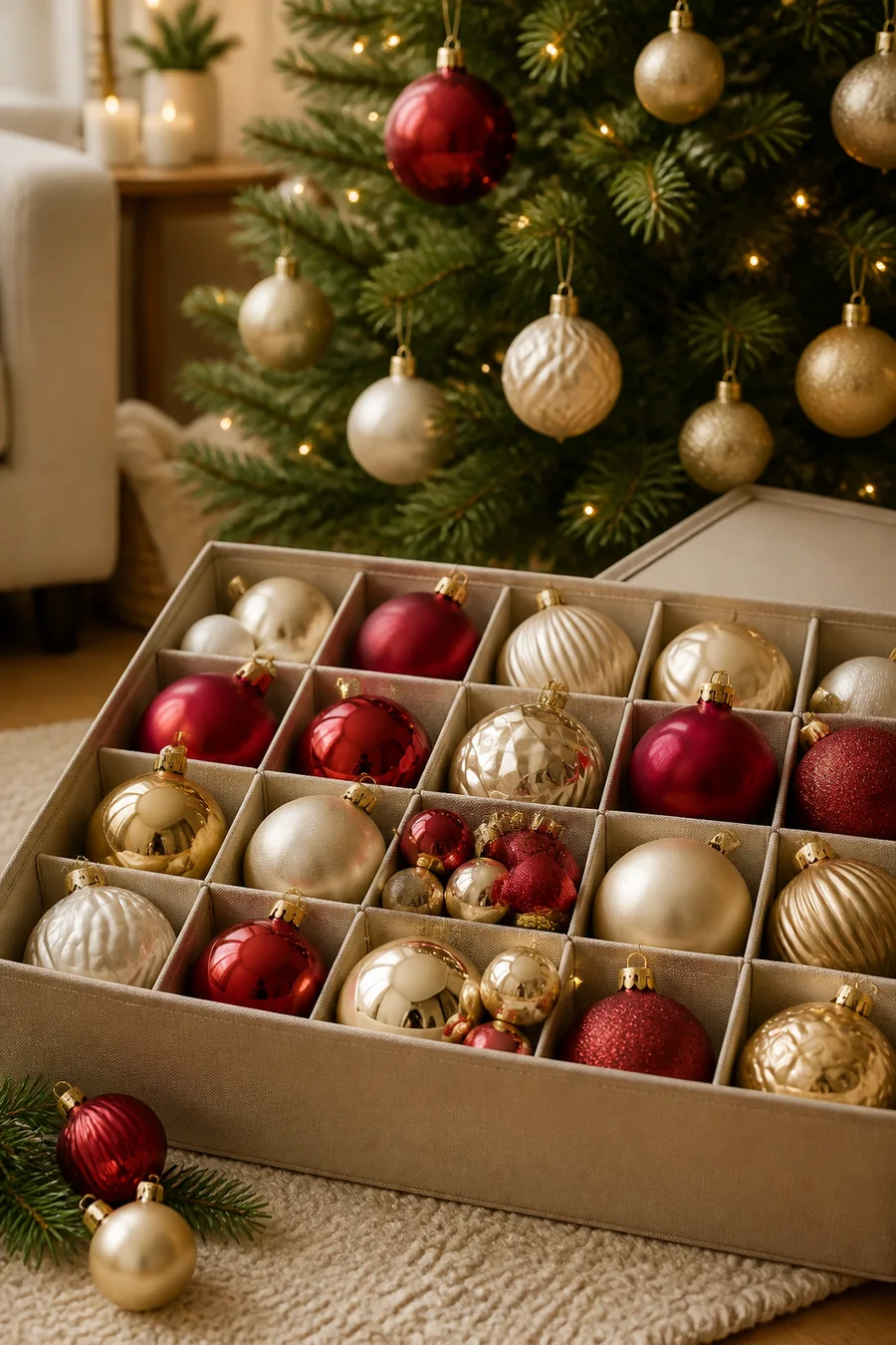 Red and gold shatterproof Christmas ornament set beside a tree