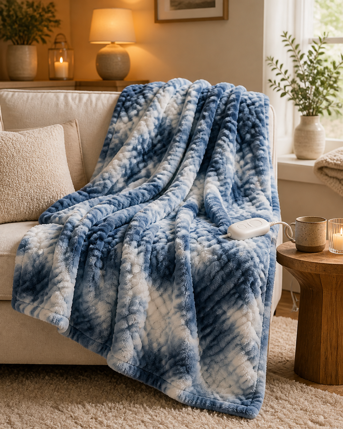 Soft heated blanket styled for a warm winter room
