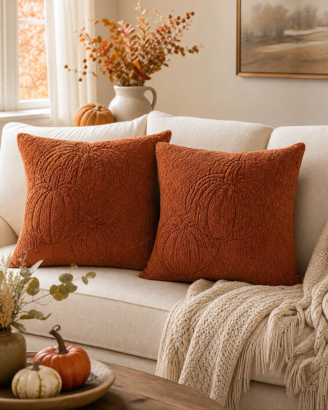 Rust pumpkin pillow covers styled for autumn