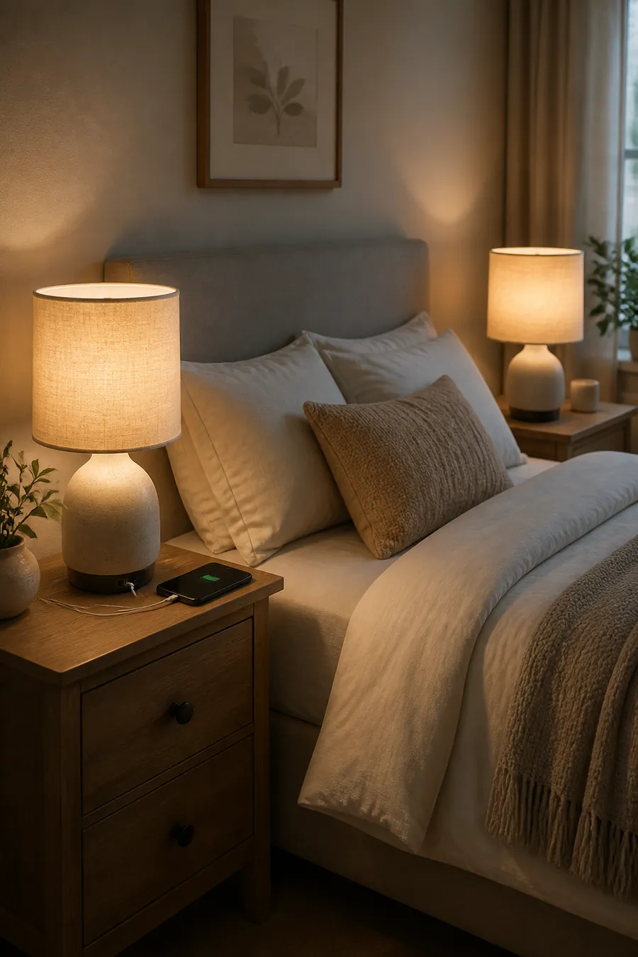 Matching dimmable bedside lamps with USB charging ports in a cozy bedroom