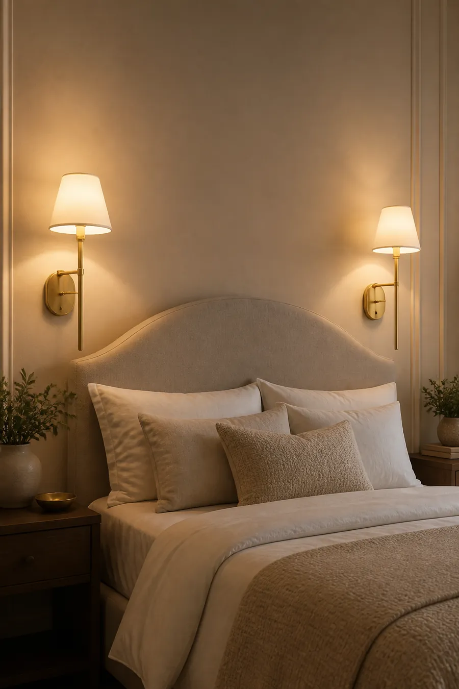 Rechargeable brass wall sconces glowing beside a cozy bedroom bed